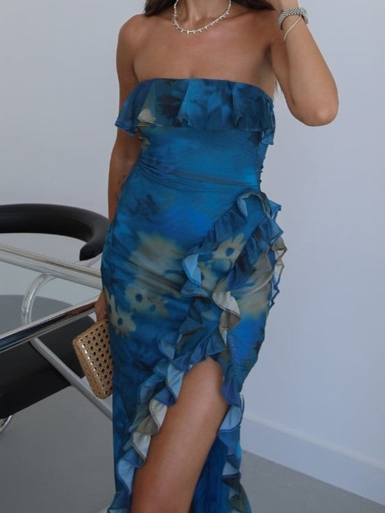 Blue Abstract Ruffle Strapless Midi Dress