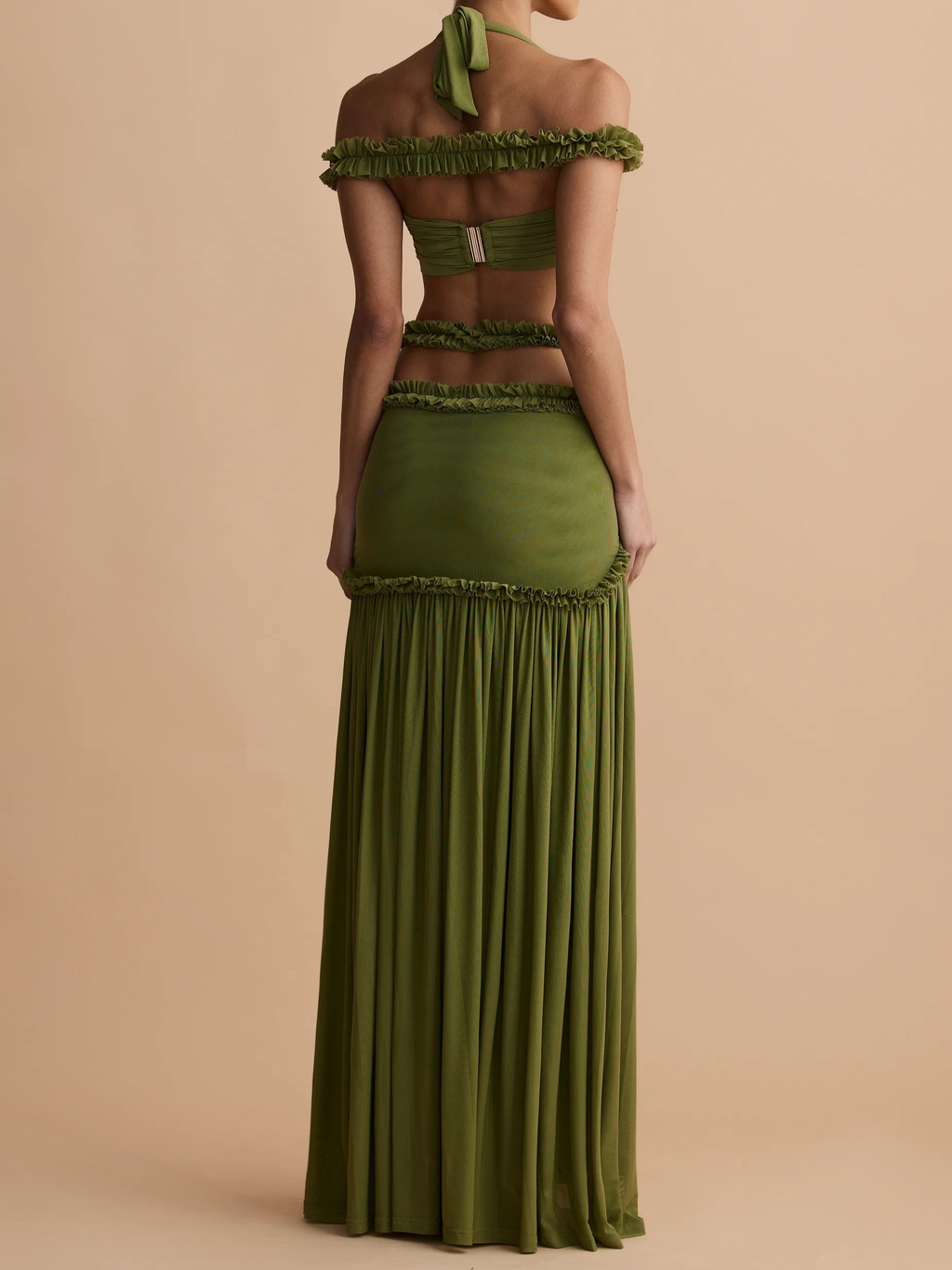 Olive Green Halter Ruffle Two-Piece Set