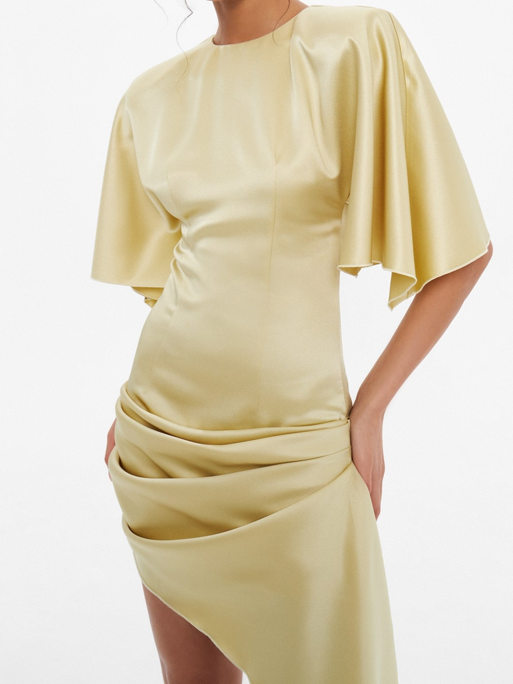 Butter Yellow Flutter Sleeve Asymmetric Mini Dress