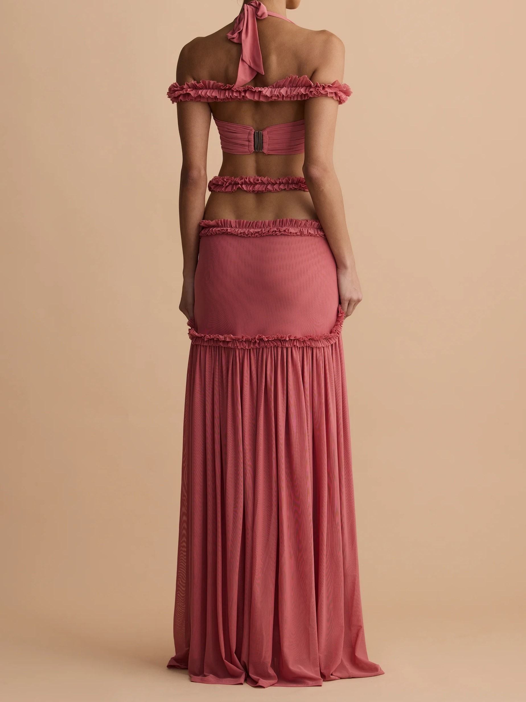 Olive Green Halter Ruffle Two-Piece Set